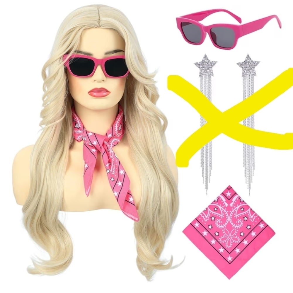 Long Blonde Cosplay Wig for Women with Pink Bandana & Sunglasses  Middle Part